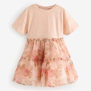 Pink Floral Short Sleeve Mesh Dress (3mths-7yrs)