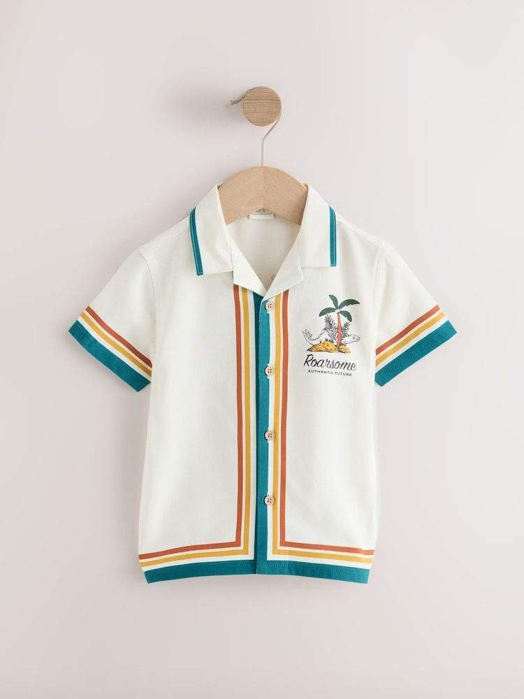 Ecru Dino Back Print Short Sleeve Shirt AK2491s