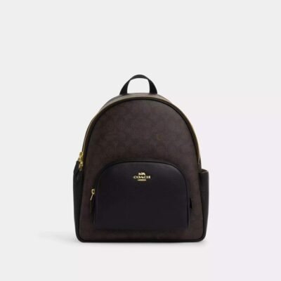 Coach Court Backpack In Signature Canvas Gold/Walnut/Black