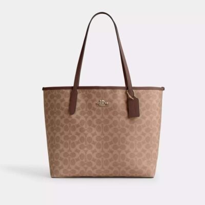Coach City Tote Bag In Signature Canvas Gold/Tan/Brown