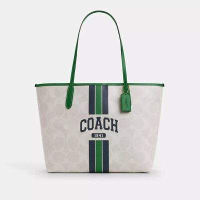 Coach City Tote Bag In Signature Canvas With Coach Graphic Chalk/Kelly Multi