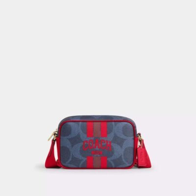 Coach Mini Jamie Camera Bag In Signature Canvas With Varsity Stripe Denim/Bold Red