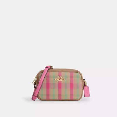Coach Mini Jamie Camera Bag With Plaid Print Gold/Pink Multi