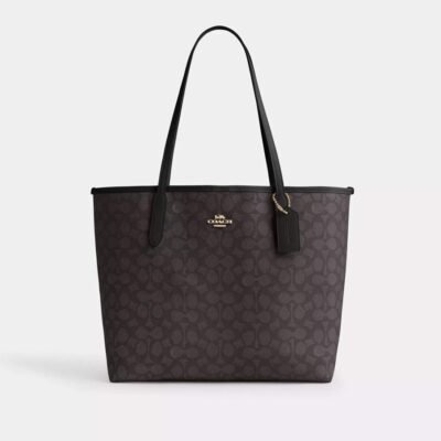 Coach City Tote Bag In Signature Canvas Gold/Walnut/Black
