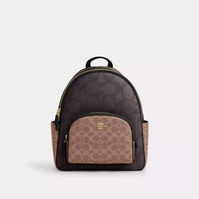 Coach Court Backpack In Blocked Signature Canvas Gold/Walnut/Tan