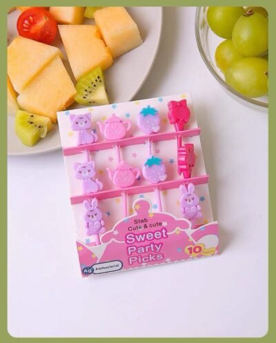Kids Lunchbox Party Picks – Cute Pink Bunny & Cat Designs (10 pcs)
