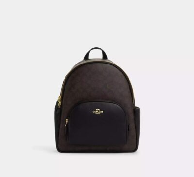 Coach Court Backpack In Signature Canvas Gold/Walnut/Black