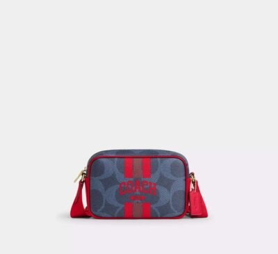 Coach Mini Jamie Camera Bag In Signature Canvas With Varsity Stripe Denim/Bold Red