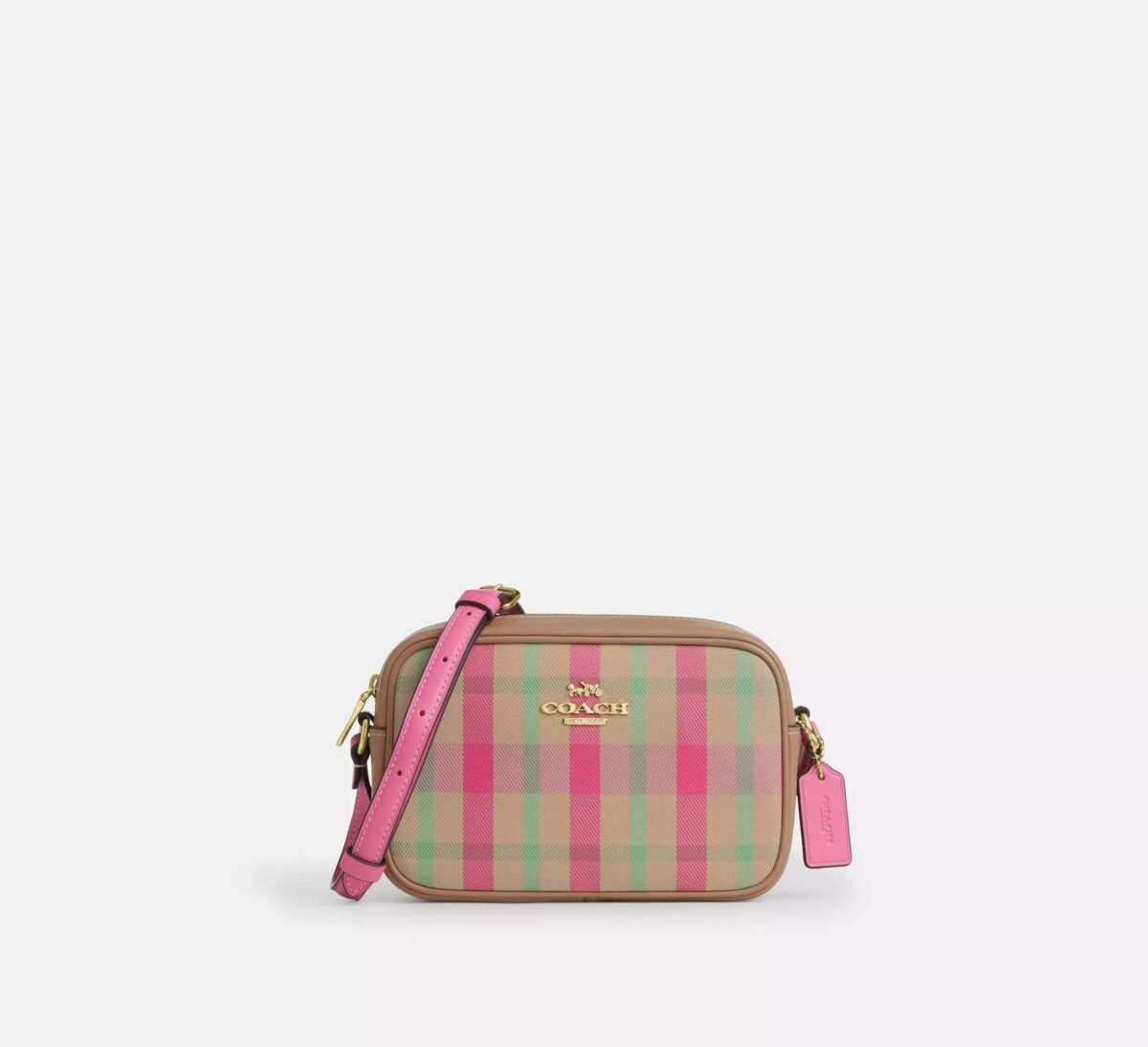 Coach Mini Jamie Camera Bag With Plaid Print Gold/Pink Multi