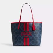 Coach City Tote Bag In Signature Canvas With Coach Graphic Denim/Bold Red