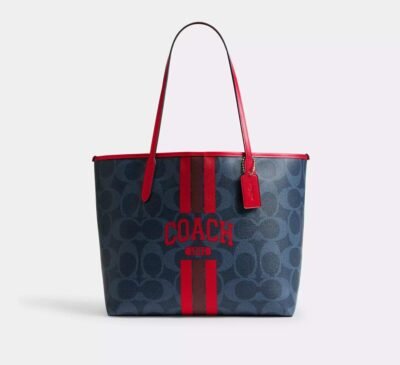 Coach City Tote Bag In Signature Canvas With Coach Graphic Denim/Bold Red