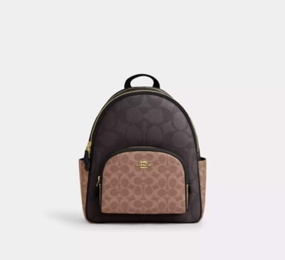 Coach Court Backpack In Blocked Signature Canvas Gold/Walnut/Tan