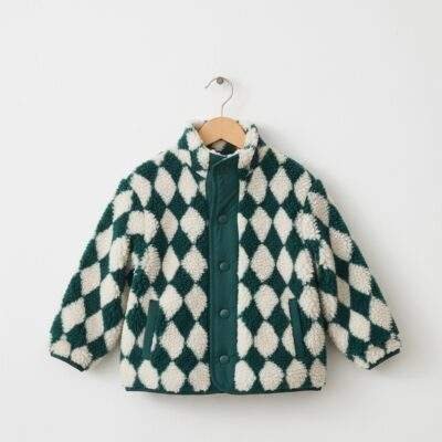 Green/White Harlequin Patterned Zip Through Fleece