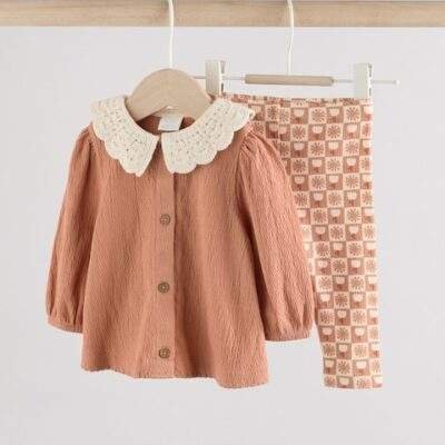 Rust and White Frill Collar Top and Printed Leggings 2 Piece Set