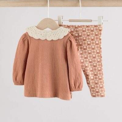 Rust and White Frill Collar Top and Printed Leggings 2 Piece Set