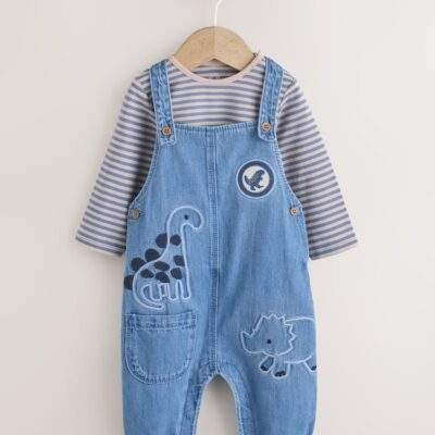 Blue Dinosaur Baby Denim Dungarees and Bodysuit Set