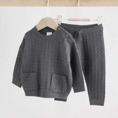 Charcoal Grey Baby Textured Knitted 100% Cotton Jumper and Leggings Set