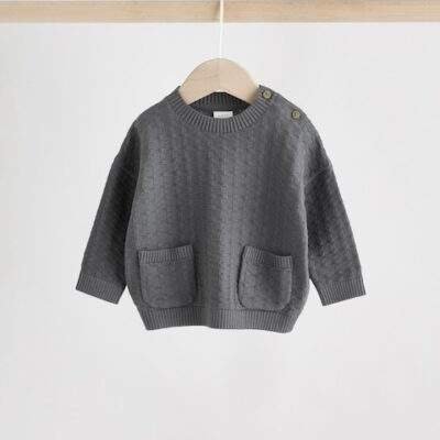 Charcoal Grey Baby Textured Knitted 100% Cotton Jumper and Leggings Set