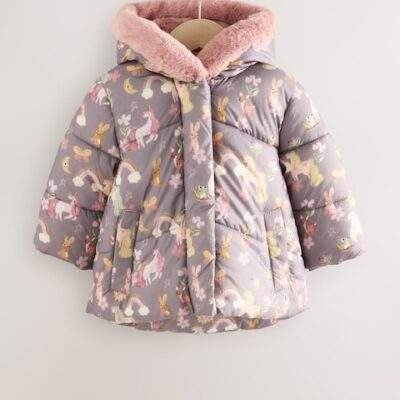 Damson Unicorn Shower Resistant Faux Fur Trim Padded Coat