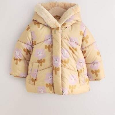 Ochre Yellow Shower Resistant Faux Fur Trim Padded Coat