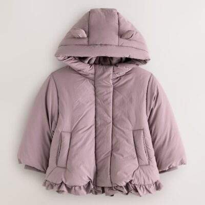 Plum Purple Shower Resistant Frill Hem Padded Coat