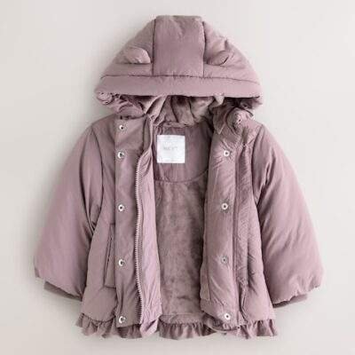 Plum Purple Shower Resistant Frill Hem Padded Coat