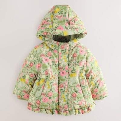 Green Floral Shower Resistant Frill Hem Padded Coat
