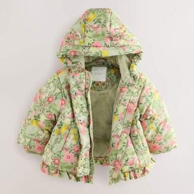 Green Floral Shower Resistant Frill Hem Padded Coat