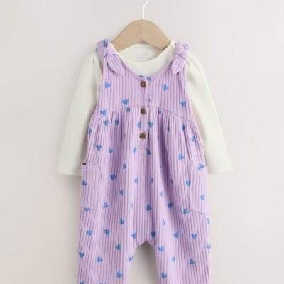 Purple Hearts Baby Jersey Dungaree and Bodysuit 2 Piece Set