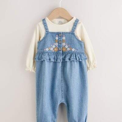 Blue Embroidered Denim Baby Long Sleeve Bodysuit & Dungaree Set