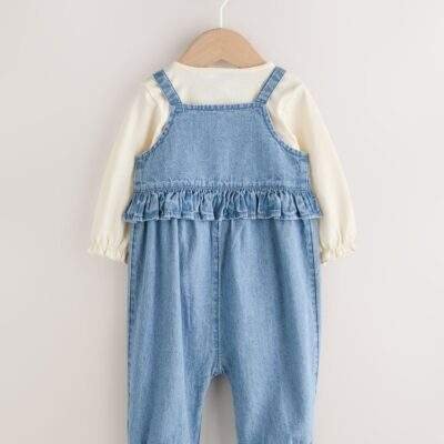 Blue Embroidered Denim Baby Long Sleeve Bodysuit & Dungaree Set
