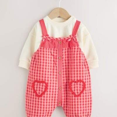 Red/ Pink Gingham Baby Dungarees and Bodysuit 2 Piece Set