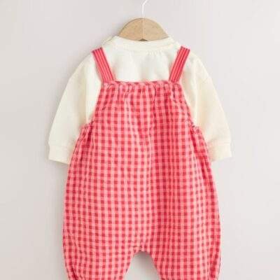 Red/ Pink Gingham Baby Dungarees and Bodysuit 2 Piece Set
