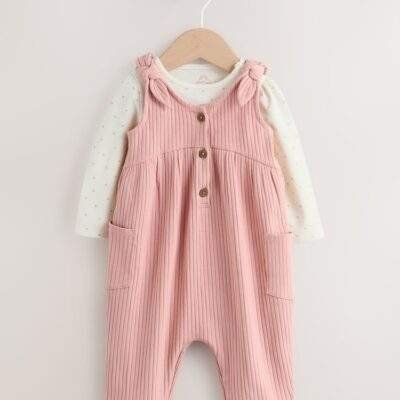 Pink Baby Jersey Dungaree and Bodysuit 2 Piece Set