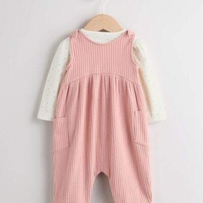 Pink Baby Jersey Dungaree and Bodysuit 2 Piece Set