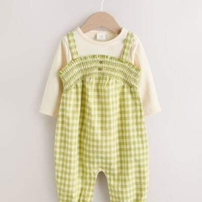Green Gingham Baby Dungarees and Bodysuit 2 Piece Set