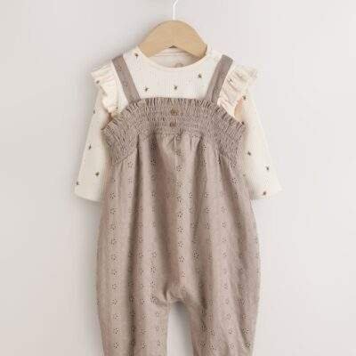 Neutral Broderie Baby Dungarees and Bodysuit 2 Piece Set