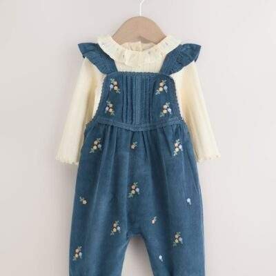 Navy Embroidered Baby Print Long Sleeve Bodysuit and Cord Dungarees Set 2 Piece