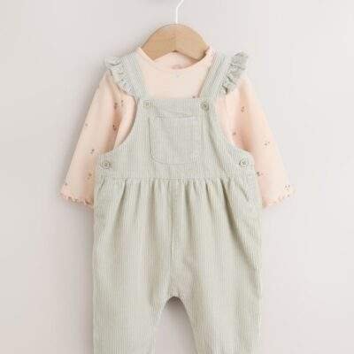Sage Green Baby Print Long Sleeve Bodysuit and Cord Dungarees Set 2 Piece