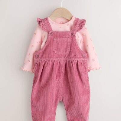Pink Ditsy Baby Print Long Sleeve Bodysuit and Cord Dungarees Set 2 Piece