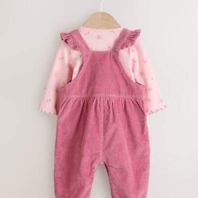 Pink Ditsy Baby Print Long Sleeve Bodysuit and Cord Dungarees Set 2 Piece