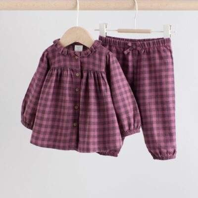 Purple Gingham Baby Woven Long Sleeve Tops and Trousers 2 Piece Set