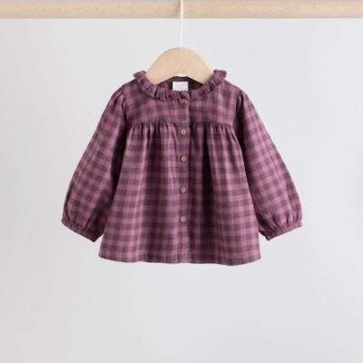 Purple Gingham Baby Woven Long Sleeve Tops and Trousers 2 Piece Set