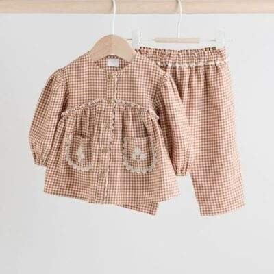 Rust Brown Gingham Baby Woven Long Sleeve Tops and Trousers 2 Piece Set