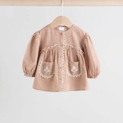 Rust Brown Gingham Baby Woven Long Sleeve Tops and Trousers 2 Piece Set