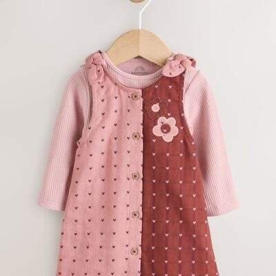 Pink / Berry Heart Baby Pinny Dress and Long Sleeve Bodysuit 2 Piece Set