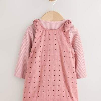 Pink / Berry Heart Baby Pinny Dress and Long Sleeve Bodysuit 2 Piece Set
