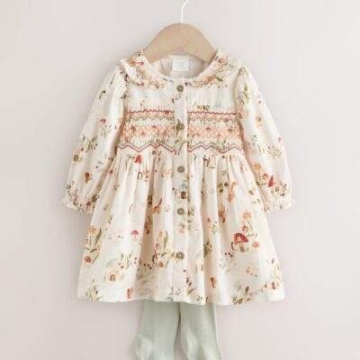 Cream Floral Print/Character Collar Baby Dress