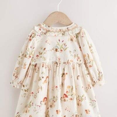 Cream Floral Print/Character Collar Baby Dress