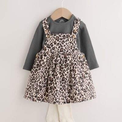 Charcoal Leopard Baby Cord Pinafore Long Sleeve Bodysuit & Tights Set